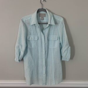 Banana Republic Aqua Button Down  Linen Shirt with Roll-Up Sleeves